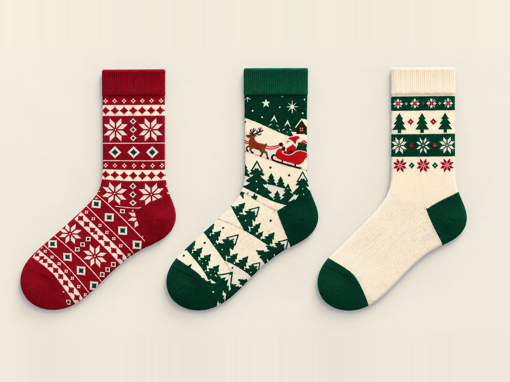 The three festive sock designs in the kit: red Nordic pattern, green Santa and sleigh scene, and cream with pine trees and snowflakes