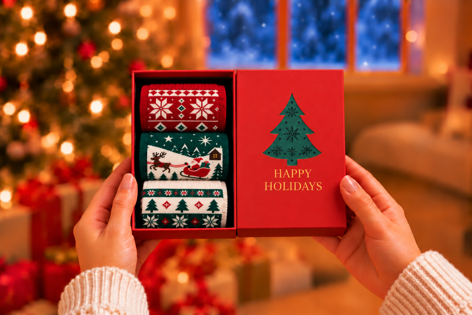 Christmas Socks Kit — three festive sock designs in a holiday gift box